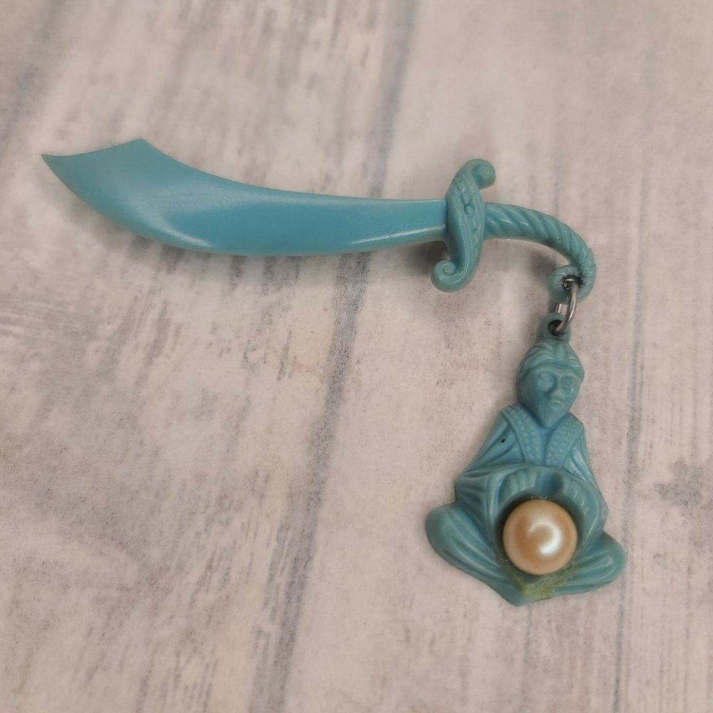 Vintage Celluloid Genie Fortune Teller Sword Scimitar Light Blue Pearl 1940s